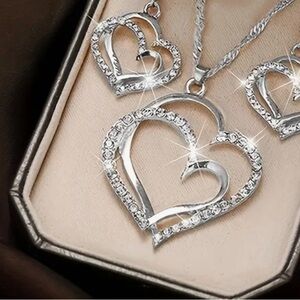 Silver Double Heart Rhinestone Necklace & Earrings Set ✨ Sparkle Jewelry Gift